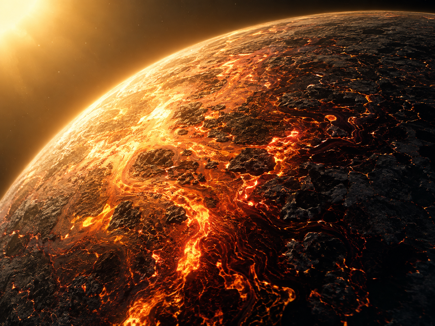 Close-up 3D-rendered concept of 55 Cancri e's molten dayside surface