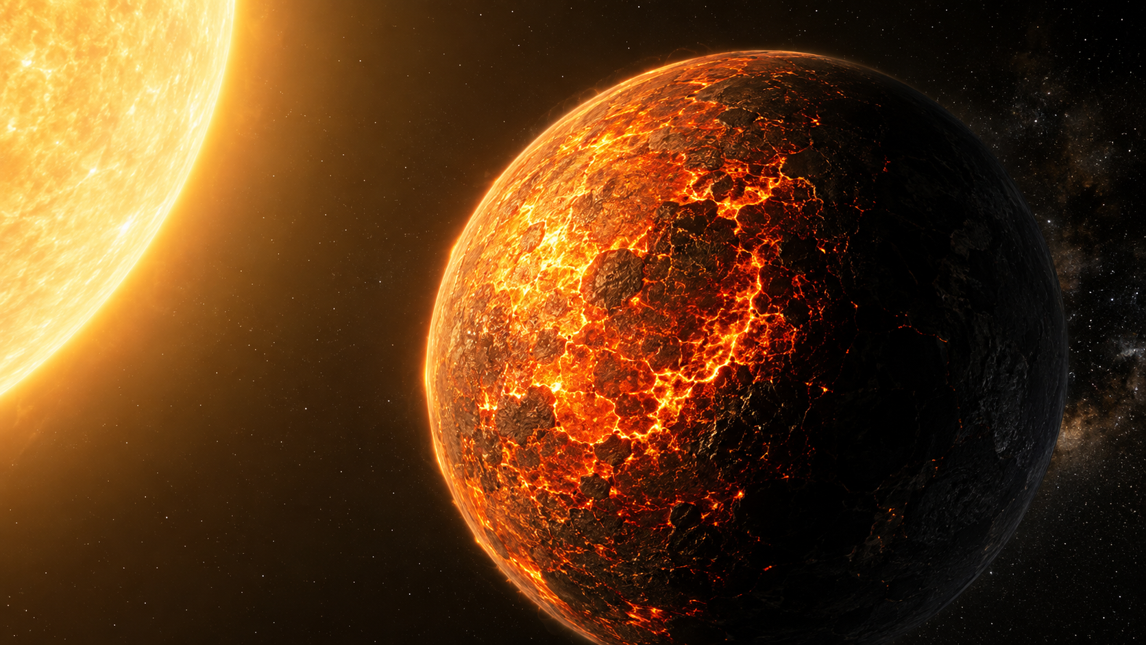 Artist's concept of the lava-world exoplanet 55 Cancri e with a molten dayside facing its host star