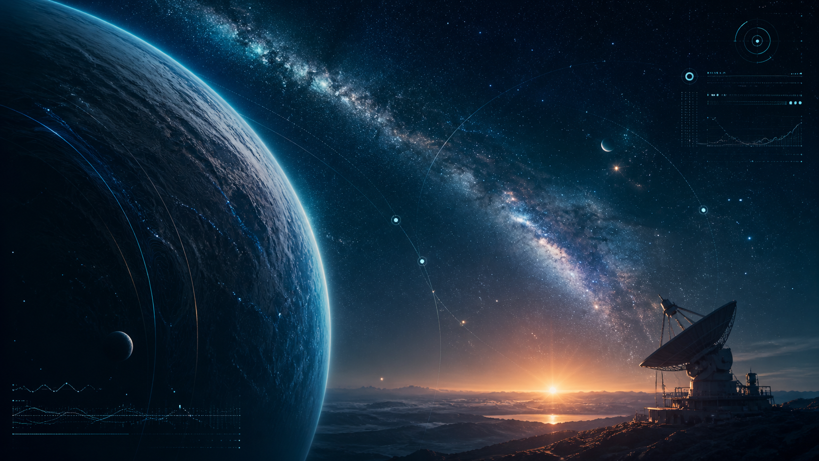 AI-generated conceptual illustration of an observatory and exoplanet instrumentation scene