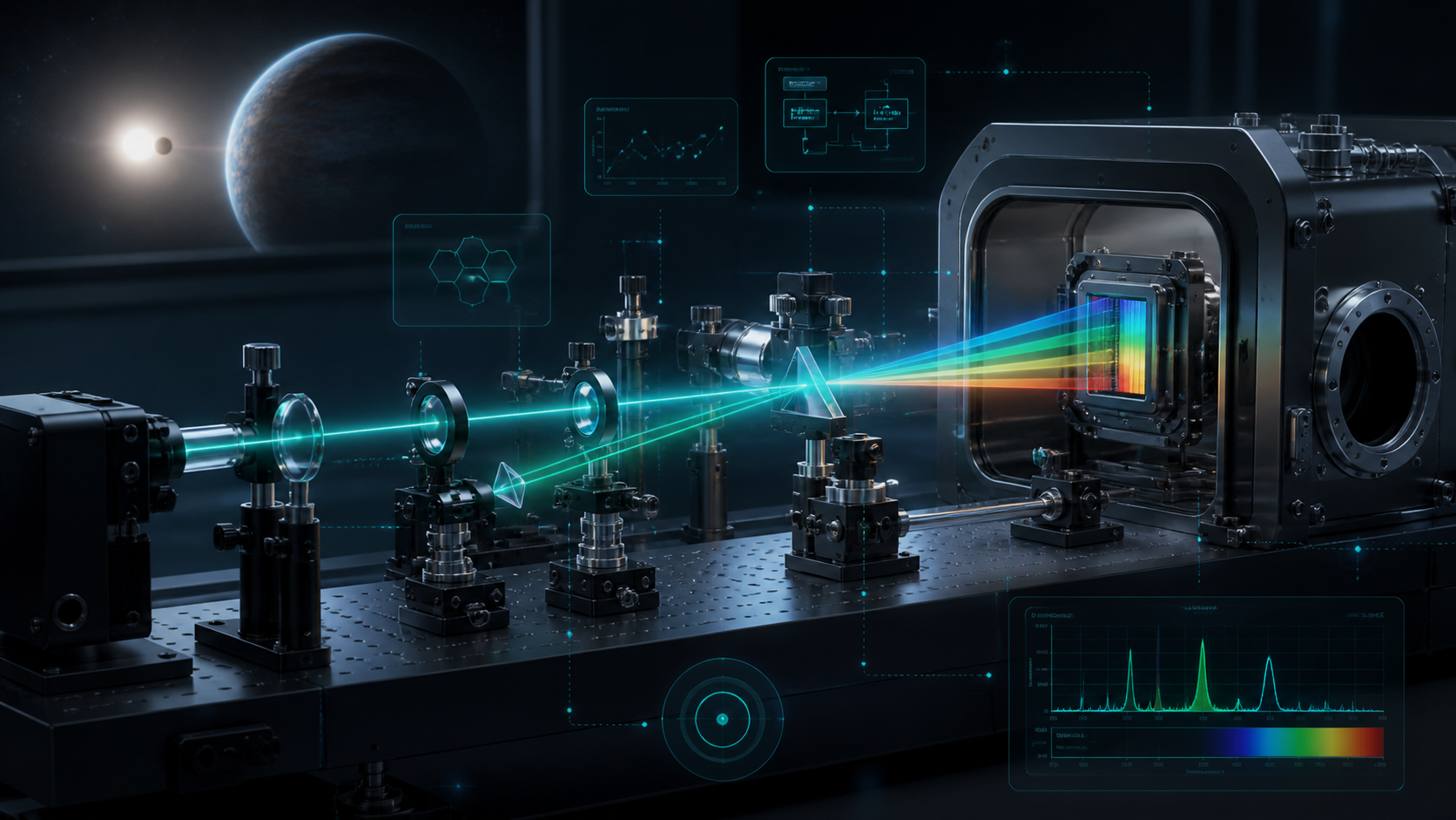 AI-generated conceptual illustration of an optical spectrograph and spectroscopy experiment