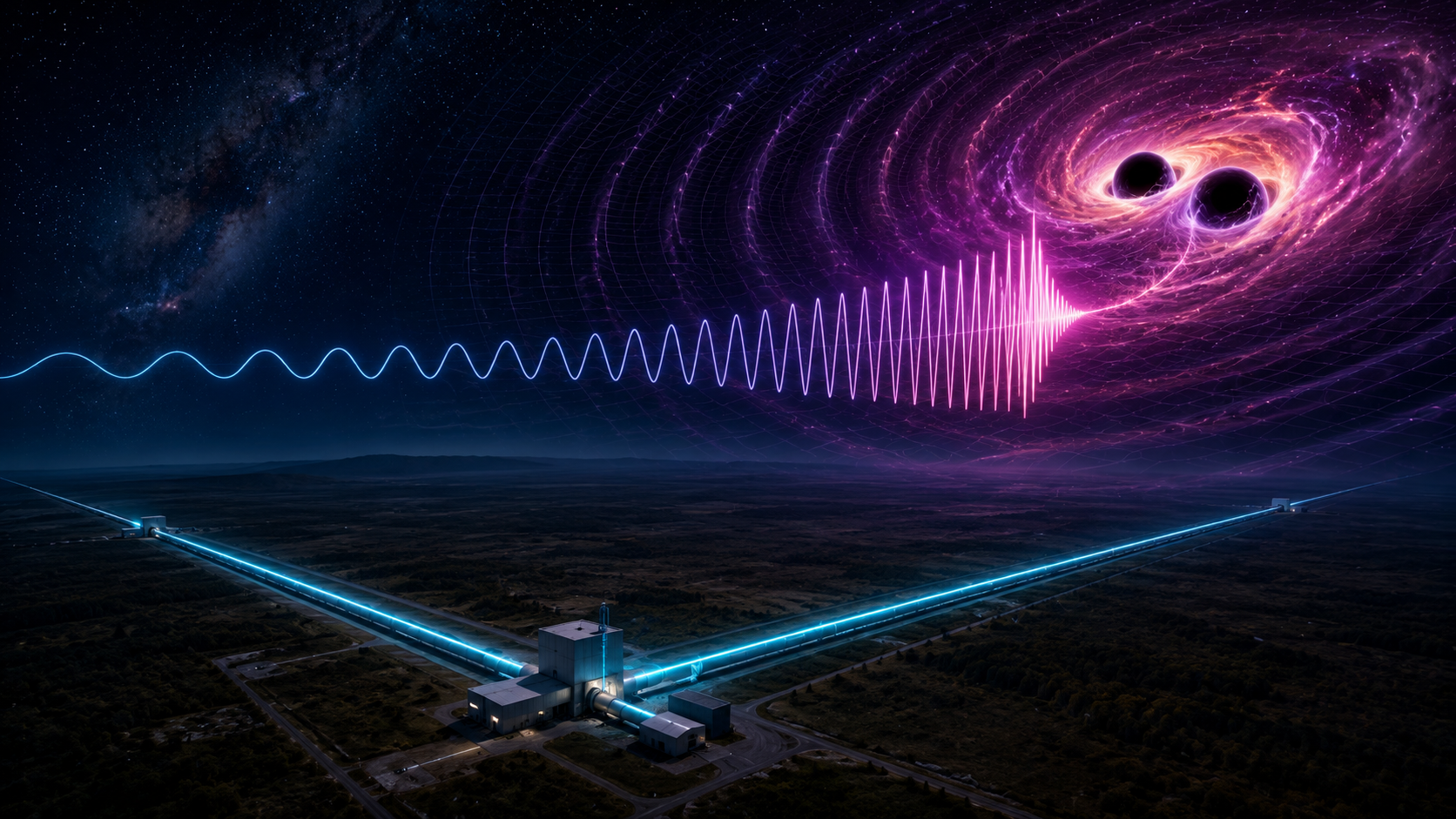 Conceptual illustration of a neutron-star merger producing a gravitational-wave chirp