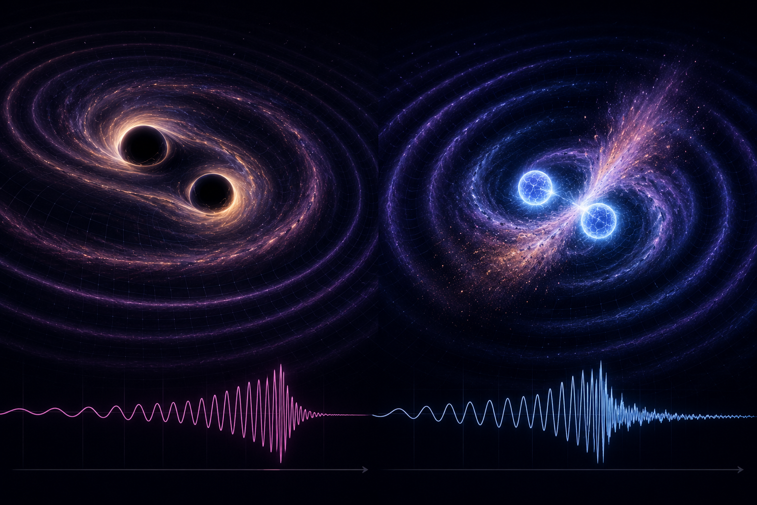 Compact-object illustration showing neutron stars and black holes as gravitational-wave sources
