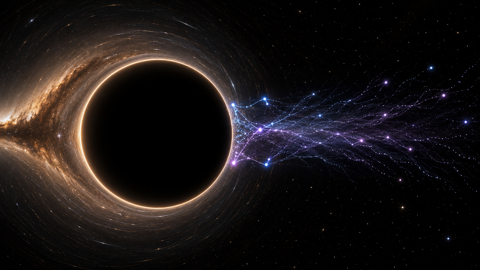 Conceptual scientific illustration of Hawking radiation near a black hole event horizon