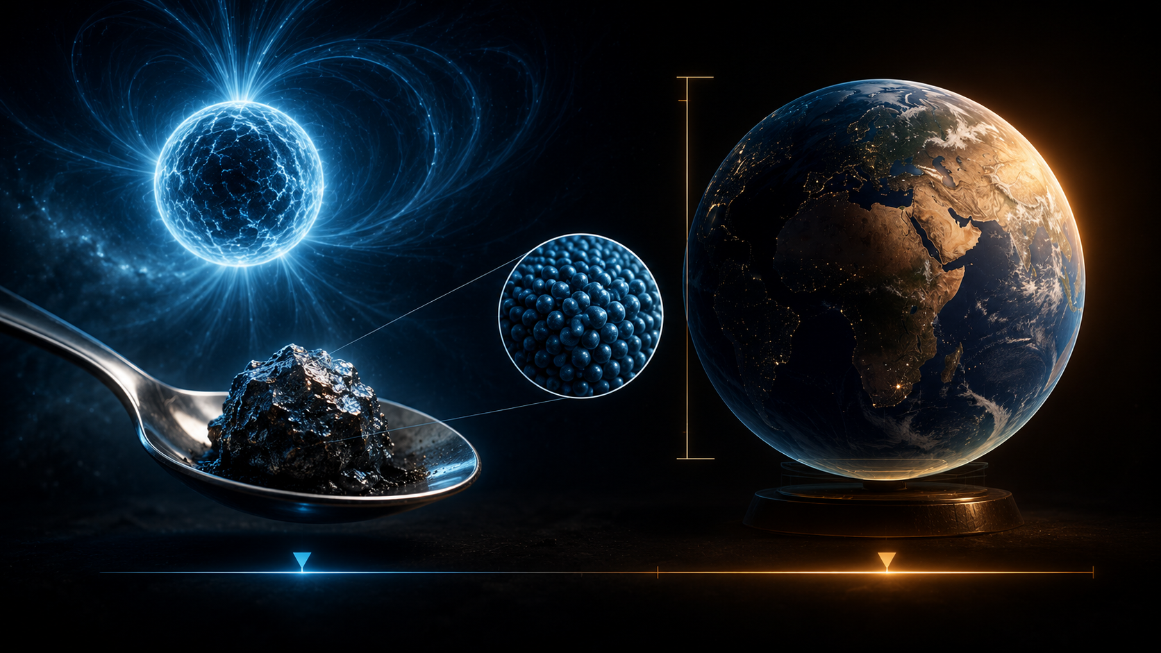Conceptual illustration comparing a spoonful of neutron-star matter with Earth-scale weight