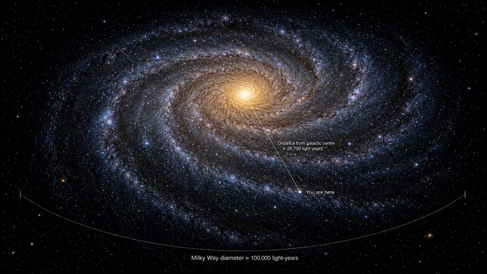 Milky Way visual showing the location of the Solar System and galactic scale