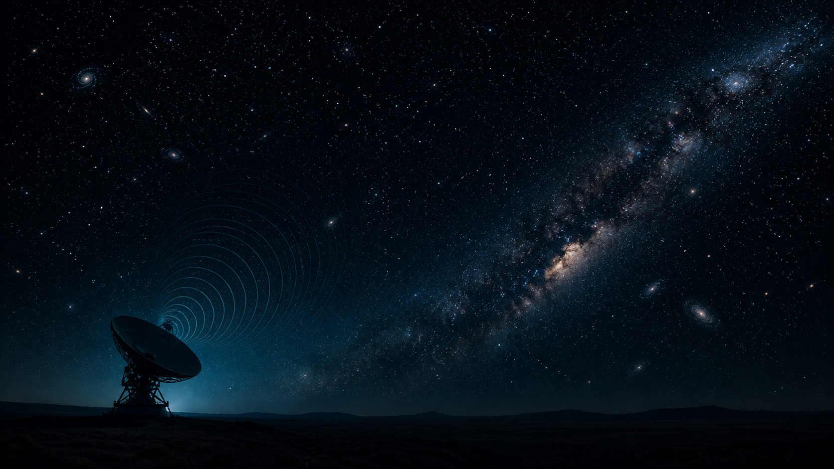Radio telescope searching the Milky Way, representing the Fermi paradox and cosmic silence