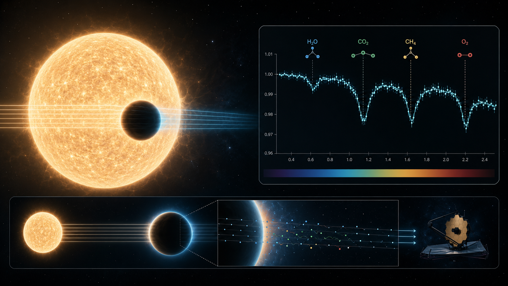 Exoplanet transit spectroscopy visual showing atmospheric absorption features
