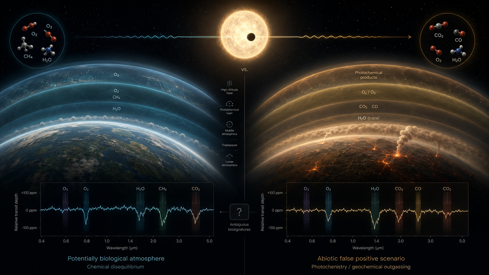Biosignature false-positive visual comparing biological and abiotic atmospheric chemistry
