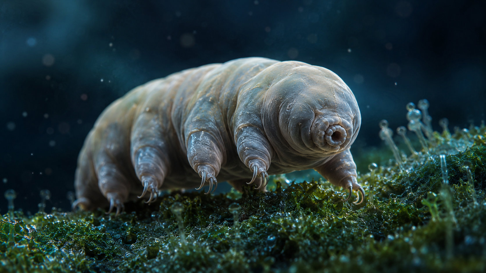 A tardigrade in a moss-like microscopic environment
