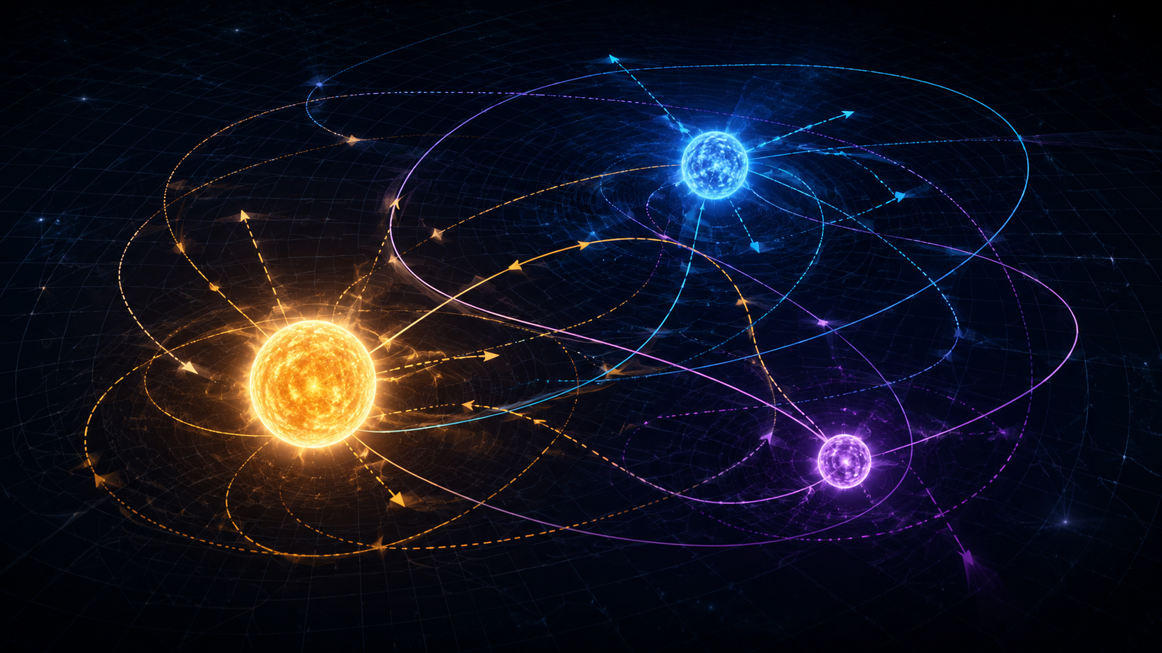 Conceptual illustration of chaotic three-body gravitational paths