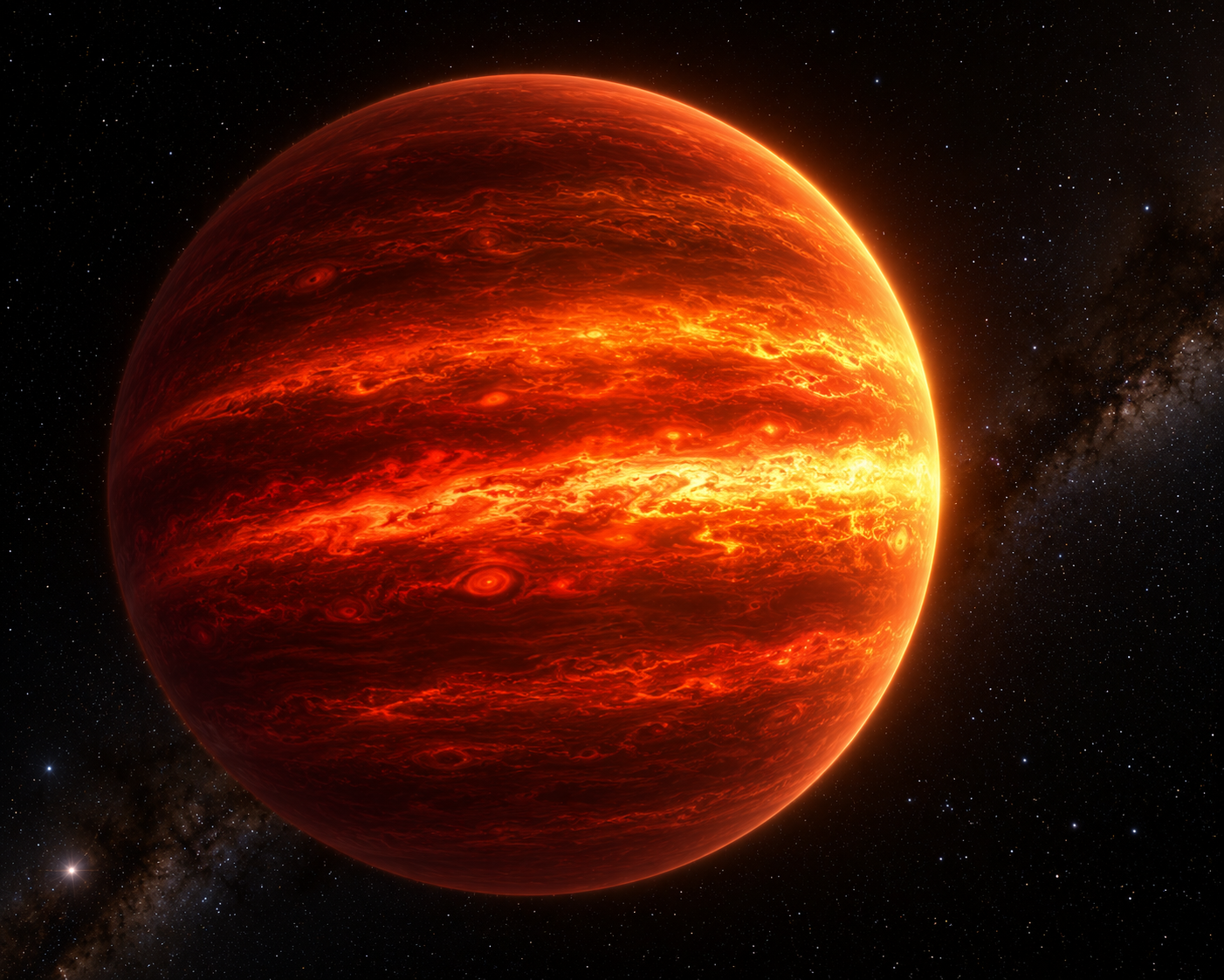 Close-up concept of a directly imaged young giant exoplanet glowing next to a coronagraph-blocked star