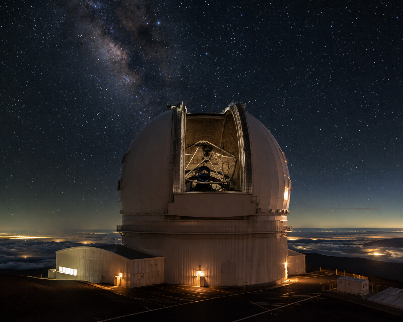 AI-generated illustration of a large ground-based telescope used for high-contrast imaging