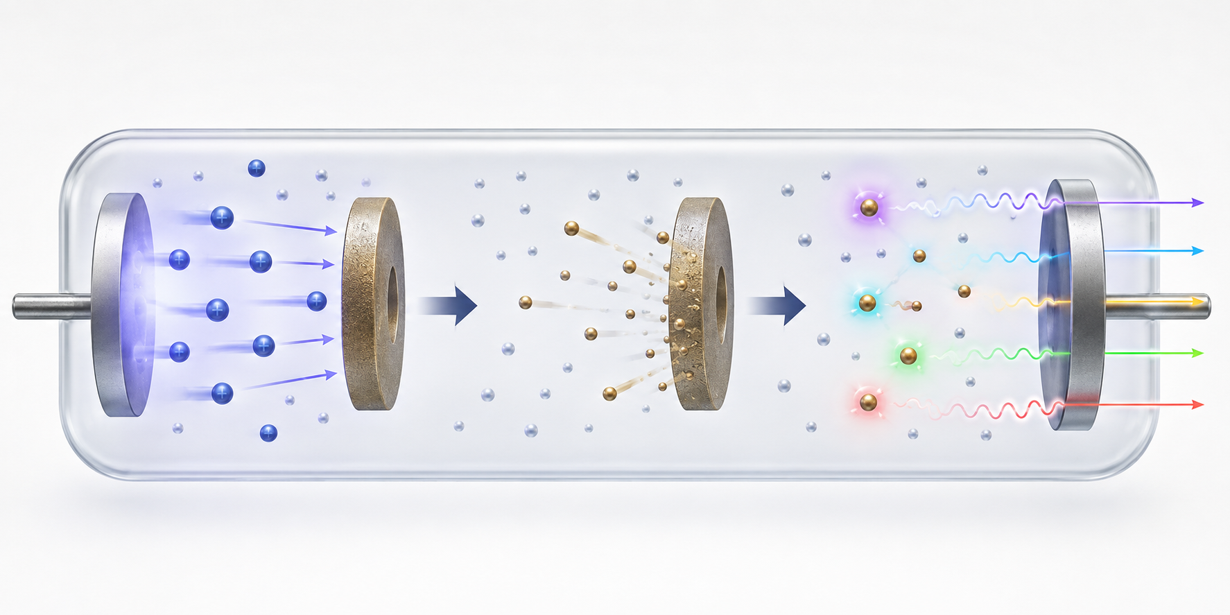 Conceptual process illustration showing argon ions bombarding a thorium cathode, sputtered atoms, excitation, and discrete emitted photons.