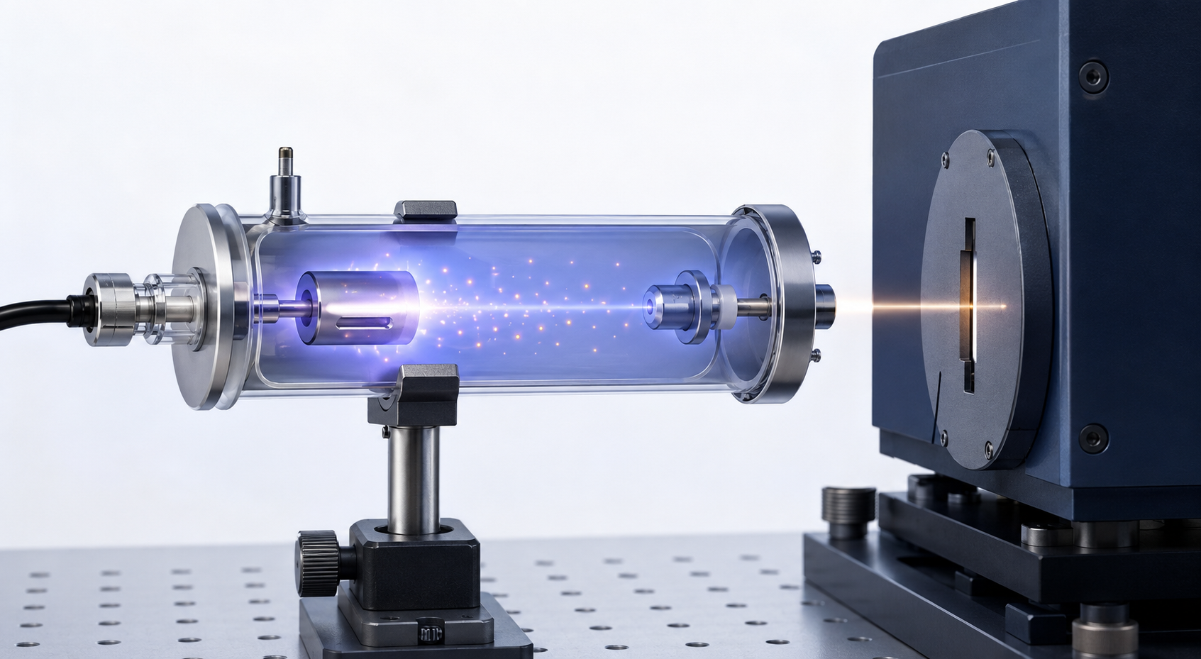 Conceptual illustration of a glowing thorium-argon hollow-cathode lamp feeding light into a generic spectrograph slit.