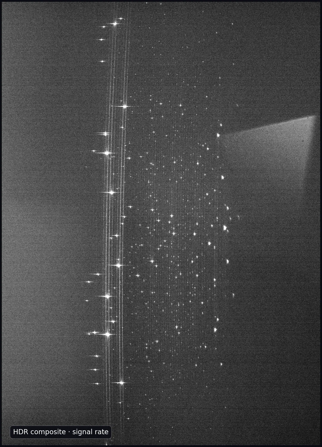 High-contrast monochrome view of the cropped thorium-argon detector format, with hundreds of bright emission features.