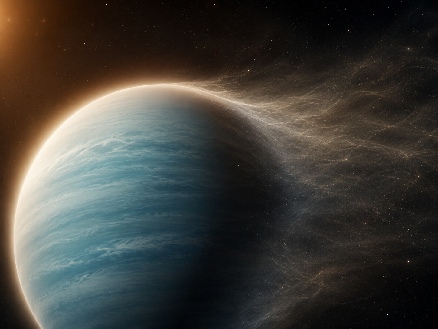 Close-up 3D-rendered concept of HAT-P-11b's escaping helium atmosphere