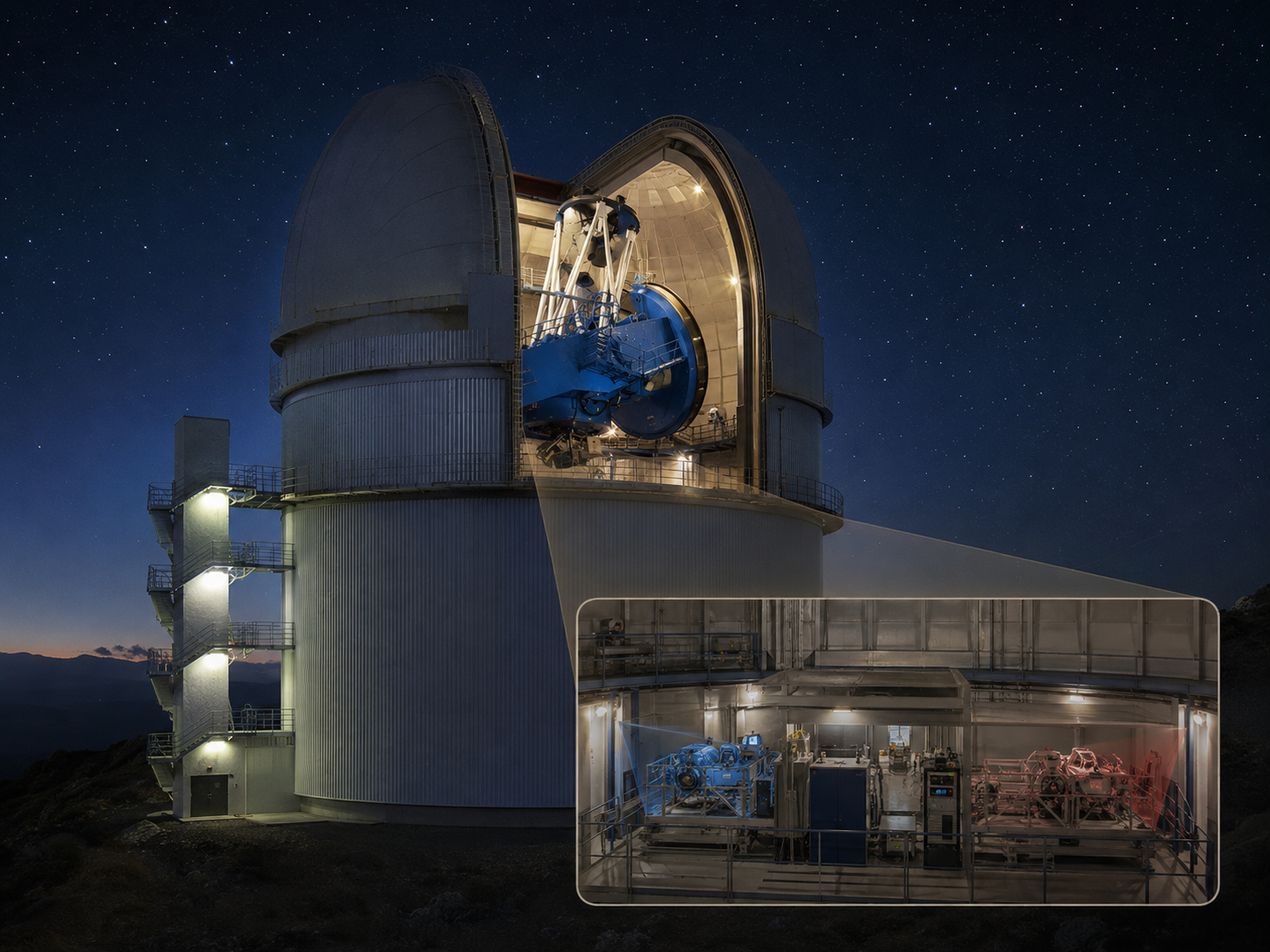 AI-generated illustration of the CARMENES spectrograph and the 3.5 m telescope at Calar Alto