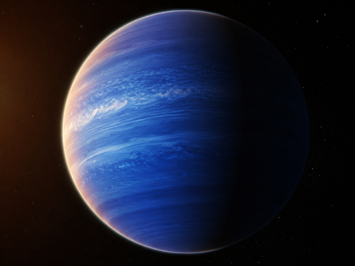 Close-up 3D-rendered concept of HD 189733 b's blue, hazy atmosphere