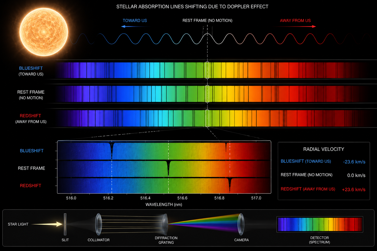 Close-up concept of a stellar absorption-line spectrum shifting under Doppler motion
