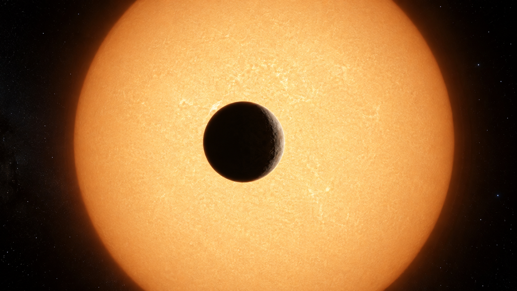 Close-up 3D-rendered concept of a planet's silhouette crossing its star's disk