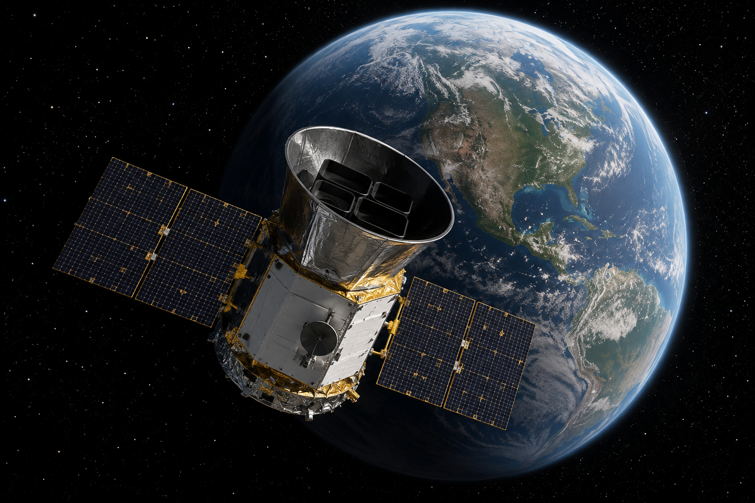 AI-generated illustration of a Kepler/TESS-class transit-survey space telescope