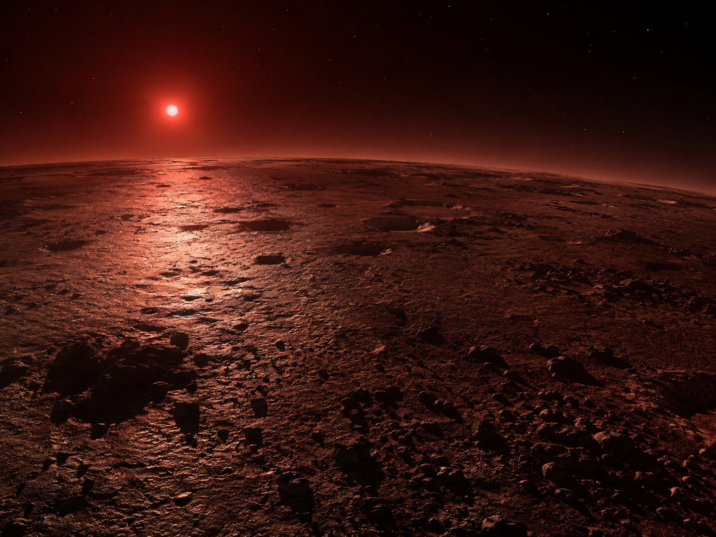 Close-up 3D-rendered concept of TRAPPIST-1 e's rocky surface