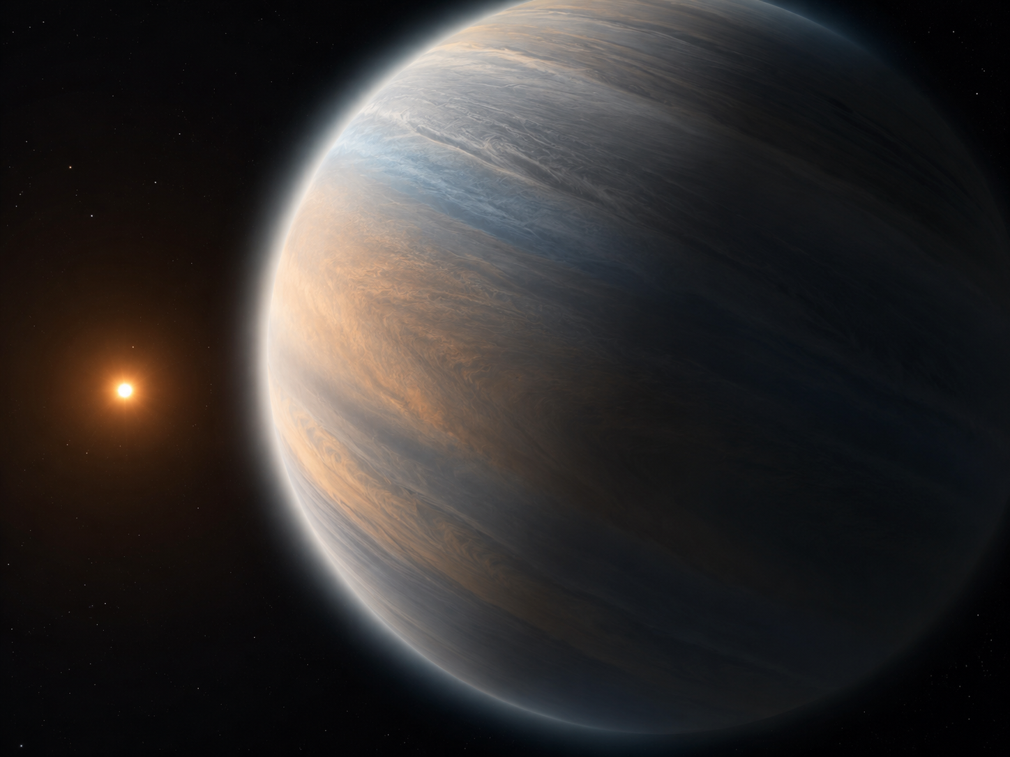 Close-up 3D-rendered concept of WASP-107 b's extended, low-density atmosphere