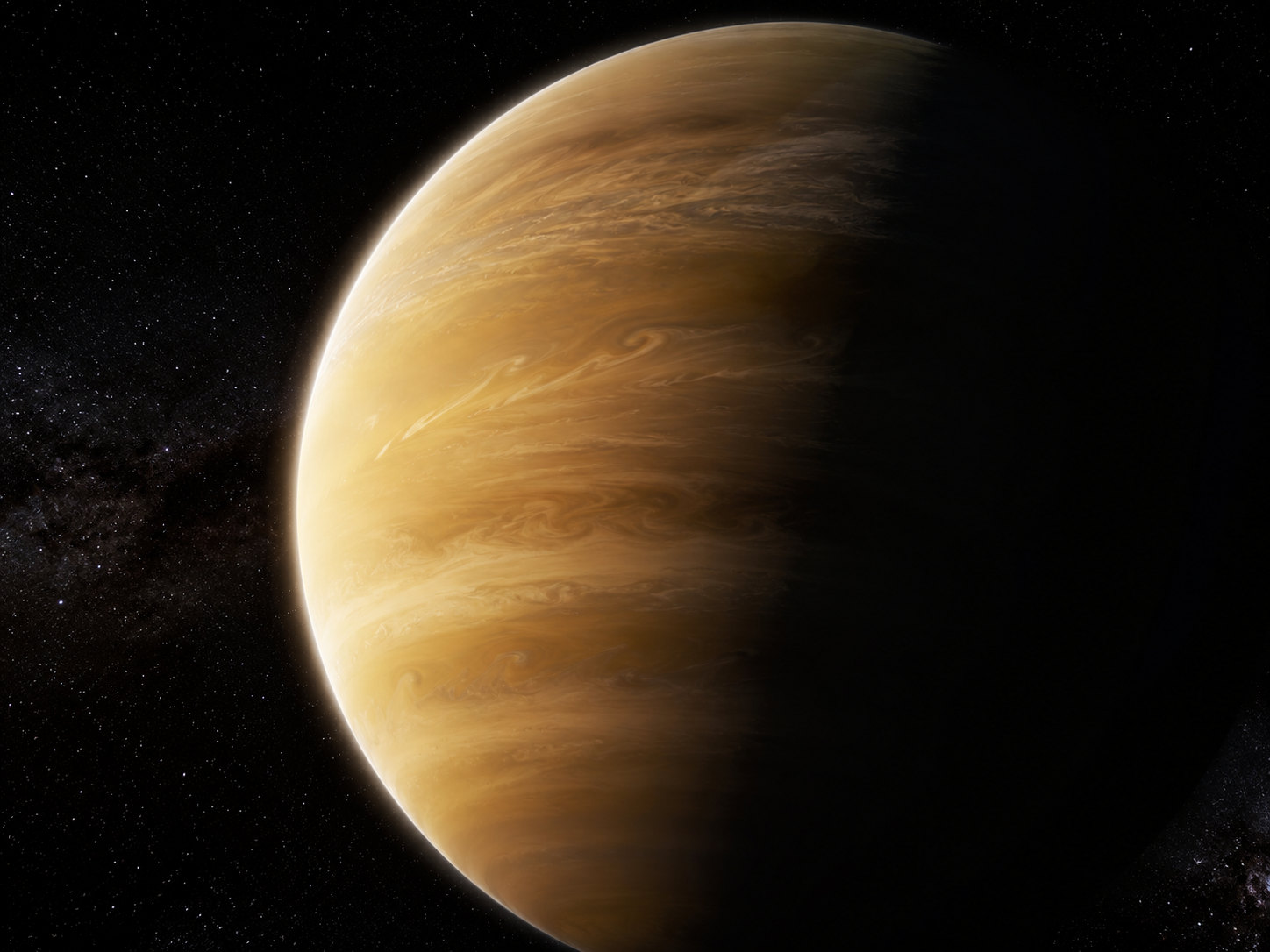 Close-up 3D-rendered concept of WASP-96 b's cloud-free, water-vapor-bearing atmosphere